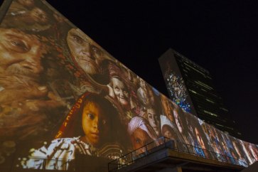 Ahead of Secretary-General Ban Ki-moon's Climate Summit, UN Headquarters becomes canvas for "Illuminations" projection display. 20 September 2014 UN Photo/Mark Garten