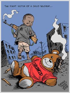 **The first victim of a child soldier - Childhood | 2008 poster by Rafaela Tasca and Carlos Latuff | Free Art License | Source: http://www.indymedia.org.uk/en/2008/01/389381.html | Wikimedia Commons