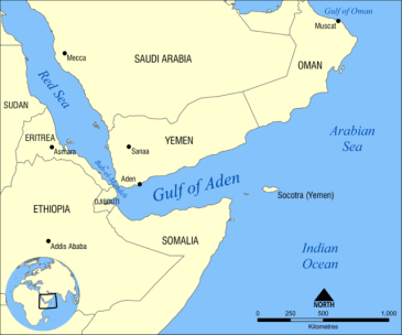 **Map showing the location of the Gulf of Aden, located between Yemen and Somalia. Nearby bodies of water include the Indian Ocean, Red Sea, Arabian Sea, and the Bab-el-Mandeb Strait. | Author: NormanEinstein | Wikimedia Commons