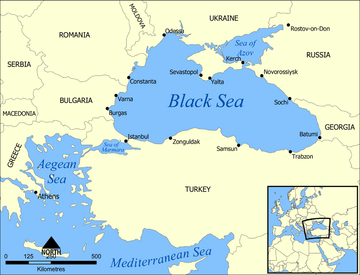 *****A map showing the location of the Black Sea and some of the large or prominent ports around it. The Sea of Azov and Sea of Marmara are also labelled. | Author: Created by User:NormanEinstein | Wikimedia Commons