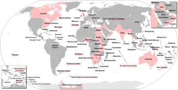 **Territories that were once part of the British Empire. | Author: The Red Hat of Pat Ferrick | Source: File:BlankMap-World-large.png and own work by uploader. | Wikimedia Commons