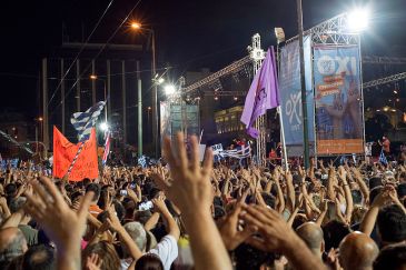 **Image: 3 July 2015: Demonstration for voting NO in front of the Greek parliament, Syntagma Square, Athens. | Author: Ggia | Wikimedia Commons