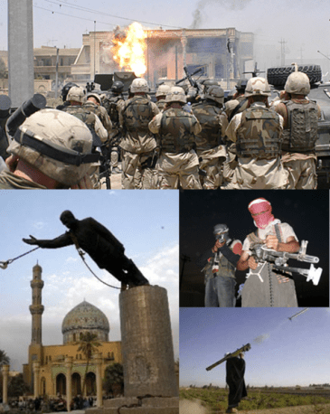 **Clockwise from top: Delta Force of Task Force 20 alongside troops of 3rd Battalion, 327th Infantry Regiment, at Uday Hussain and Qusay Hussein's hideout.; Iraqi insurgents in northern Iraq; an Iraqi insurgent firing a MANPADS; the toppling of the Saddam Hussein statue in Firdos Square. | Author: Futuretrillionaire | Wikimedia Commons