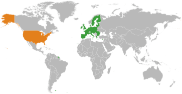 **Map: The EU (green) and the USA (orange) shown on a world map. | Author: Ssolbergj | Wikimedia Commons