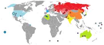 **Over 2,000 nuclear explosions have been conducted, in over a dozen different sites around the world. | Red: Russia/Soviet Union; blue: France; light blue: United States; purple: Britain. Black Israel, orange China, yellow India, brown Pakistan, green North Korea and light green (territories exposed to nuclear bombs) | Author: Palli3000 | Wikimedia Commons