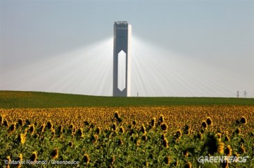 Looking more like a enlightened being bursting from a holy church, this tower which sits at Sanlucar la Mayor outside Seville, Spain can provide electricity for up to 6,000 homes. | Credit: Markel Redondo/Greenpeace
