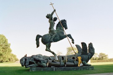 Sculpture depicting St. George slaying the dragon. The dragon is created from fragments of Soviet SS-20 and United States Pershing nuclear missiles. UN Photo/Milton Grant