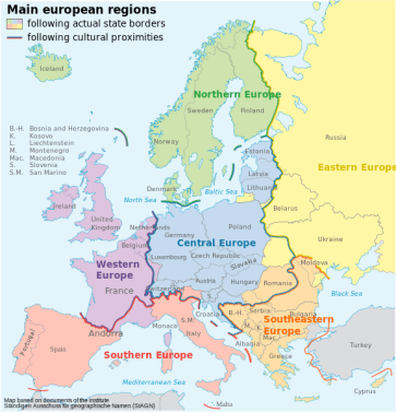 ***Subdivision of Europe according to the cultural criteria | Author: Grossgliederung_Europas.svg: NordNordWest |    derivative work: Dch (talk) | Source: Grossgliederung_Europas.svg | Wikimedia Commons