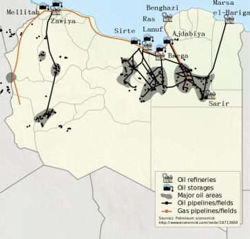 **Oil is the major natural resource of Libya, with estimated reserves of 43.6 billion barrels | Libyan oil fields and pipelines, 2011. | Author: NordNordWest, Yug | Wikimedia Commons