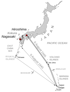 **The mission runs of August 6 and 9, with Hiroshima, Nagasaki, and Kokura (the original target for August 9) displayed. | Scale is not consistent due to curvature of Earth.Author: Mr.98 | Wikimedia Commons