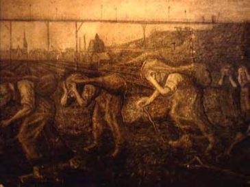 A watercolor painting by Vincent van Gogh showing wives of Belgian miners carrying bags of coal.