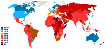 **A world map of the 2014 Corruption Perceptions Index by Transparency International, which measures 