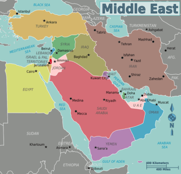 **Map of the Middle East for use on Wikivoyage | Author: Cacahuate, amendments by Globe-trotter and Joelf | Creative Commons Attribution-Share Alike 4.0 International | Wikimedia Commons